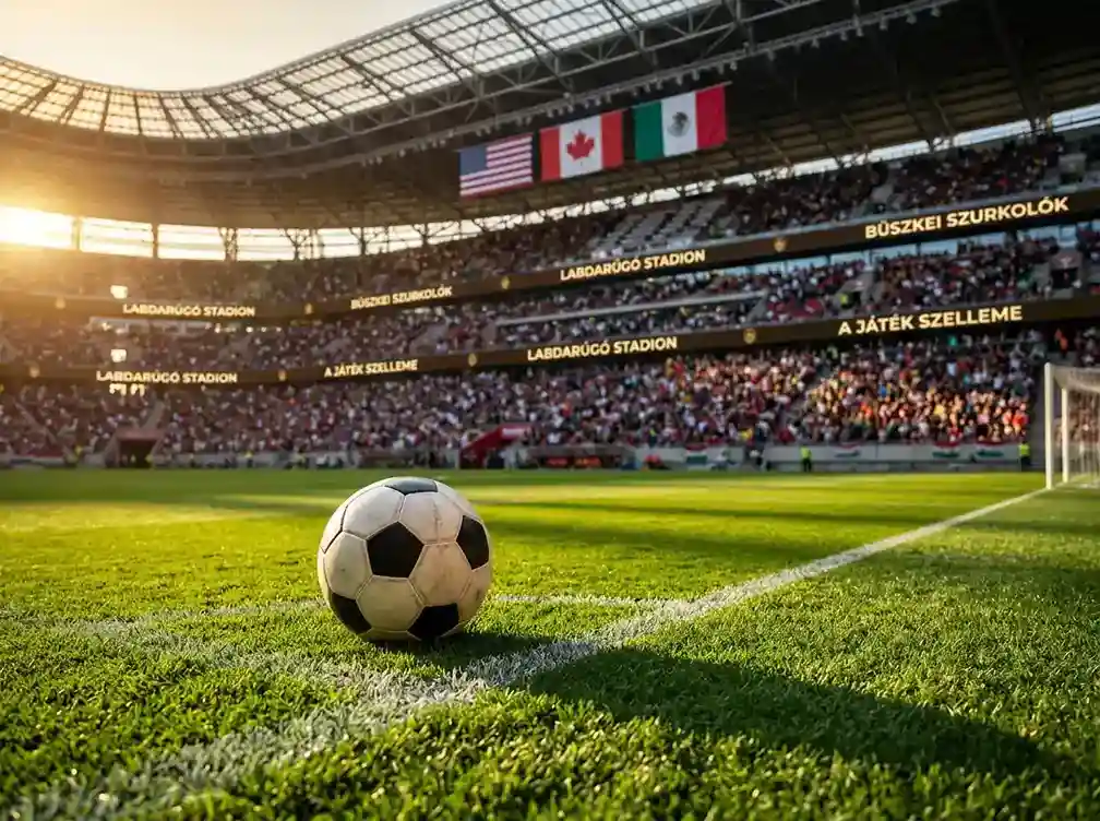 Nogometna lopta na travnatom terenu u stadionu s publikom u pozadini i zastavama SAD-a, Kanade i Meksika
